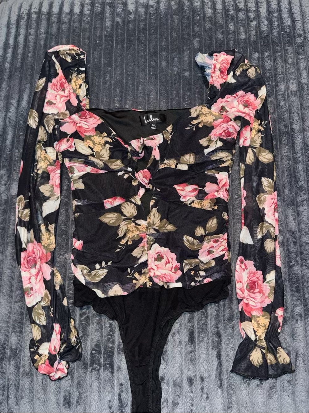 Lulu's Black Mesh Floral Long-Sleeve Ruched Bodysuit with Pink Roses size M